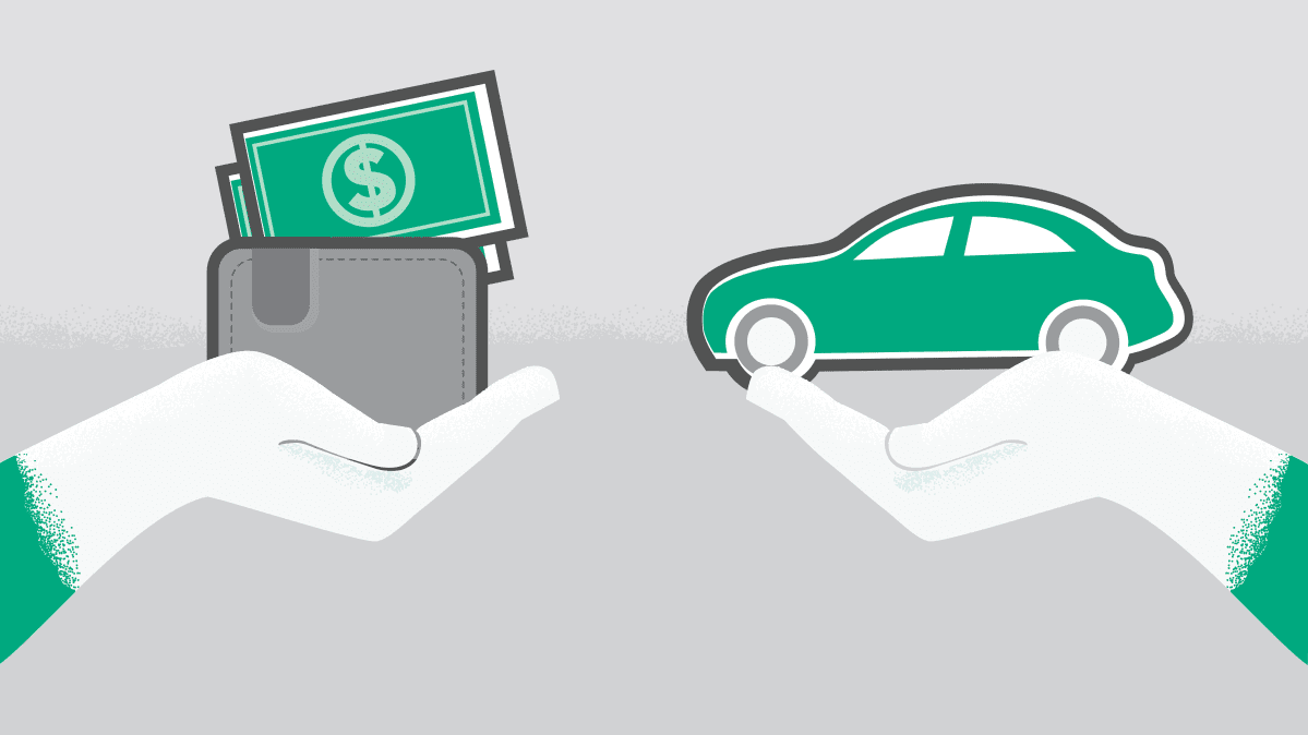 Illustration showing a hand holding a wallet and a hand holding a car.