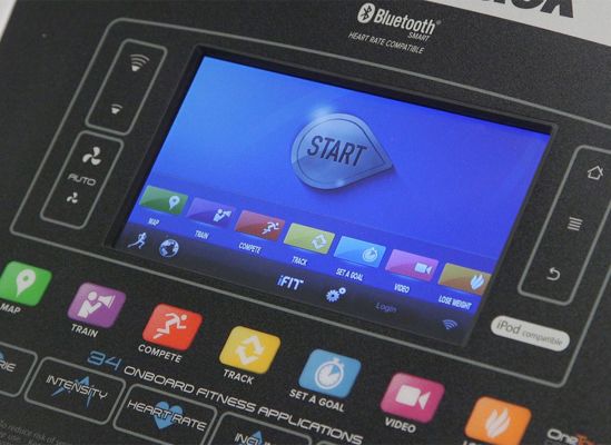 Screen display and controls on a treadmill console.