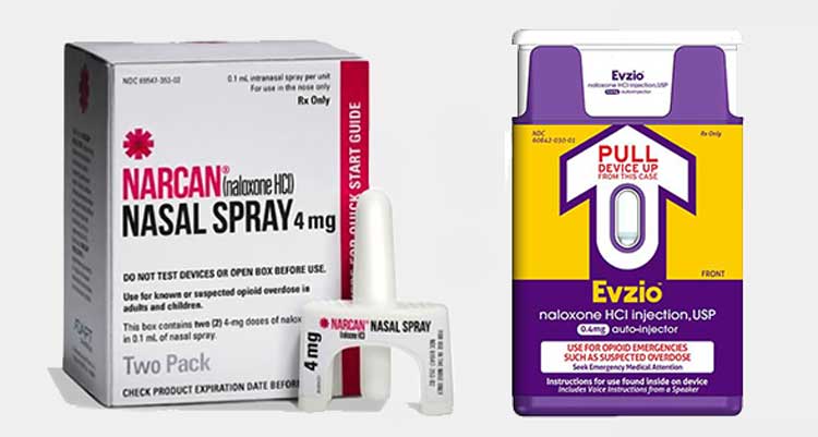 Naloxone comes in two forms: Narcan Nasal Spray and Evzio Auto-Injector.