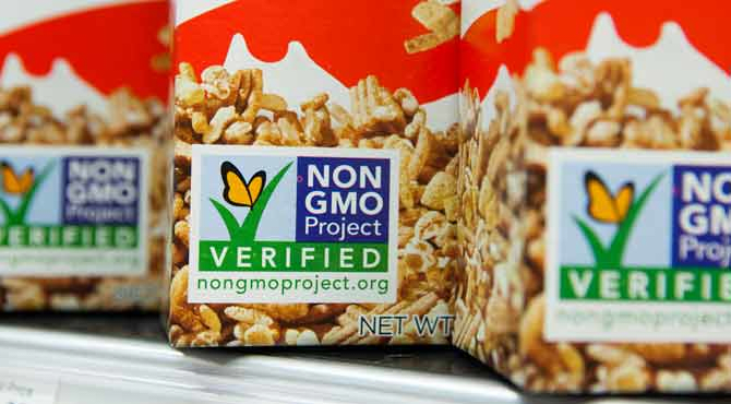 An image of a 'non-gmo' label on a package of food. 