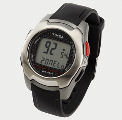 Photo of a touch-type wristwatch heart-rate monitor.