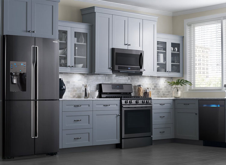 Black stainless steel appliances from Samsung.