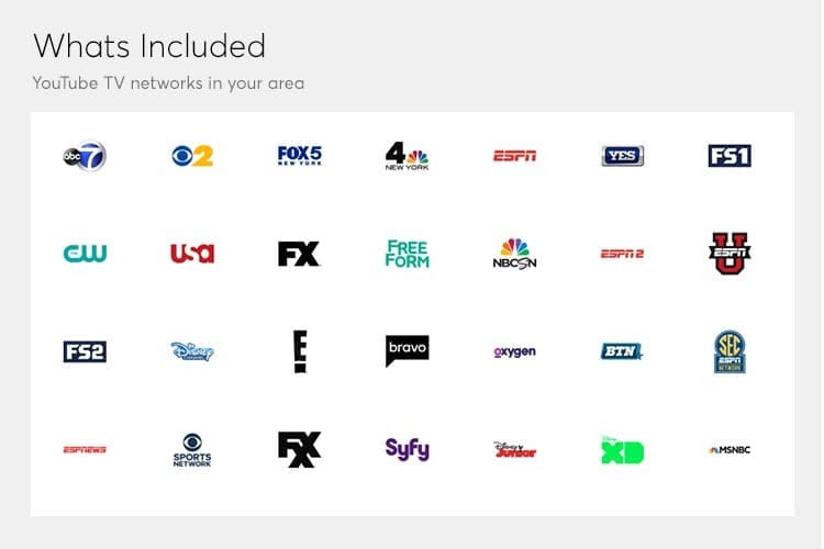 Screen shot of the YouTube TV channel lineup.