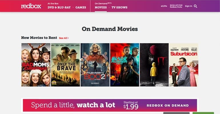 Screen shot of Redbox On Demand movies home screen.