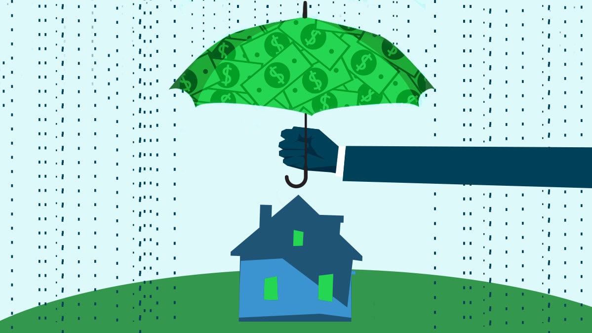 Illustration of an umbrella being held over a house