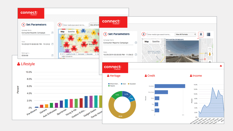 Screenshots showing demographics and other consumer details used in planning out-of-home advertising.