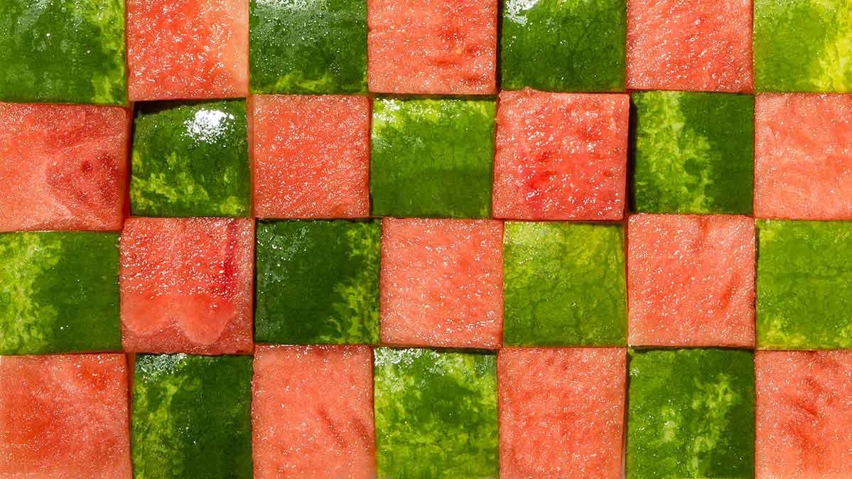 Chunks of watermelon squares arranged in a checkerboard pattern