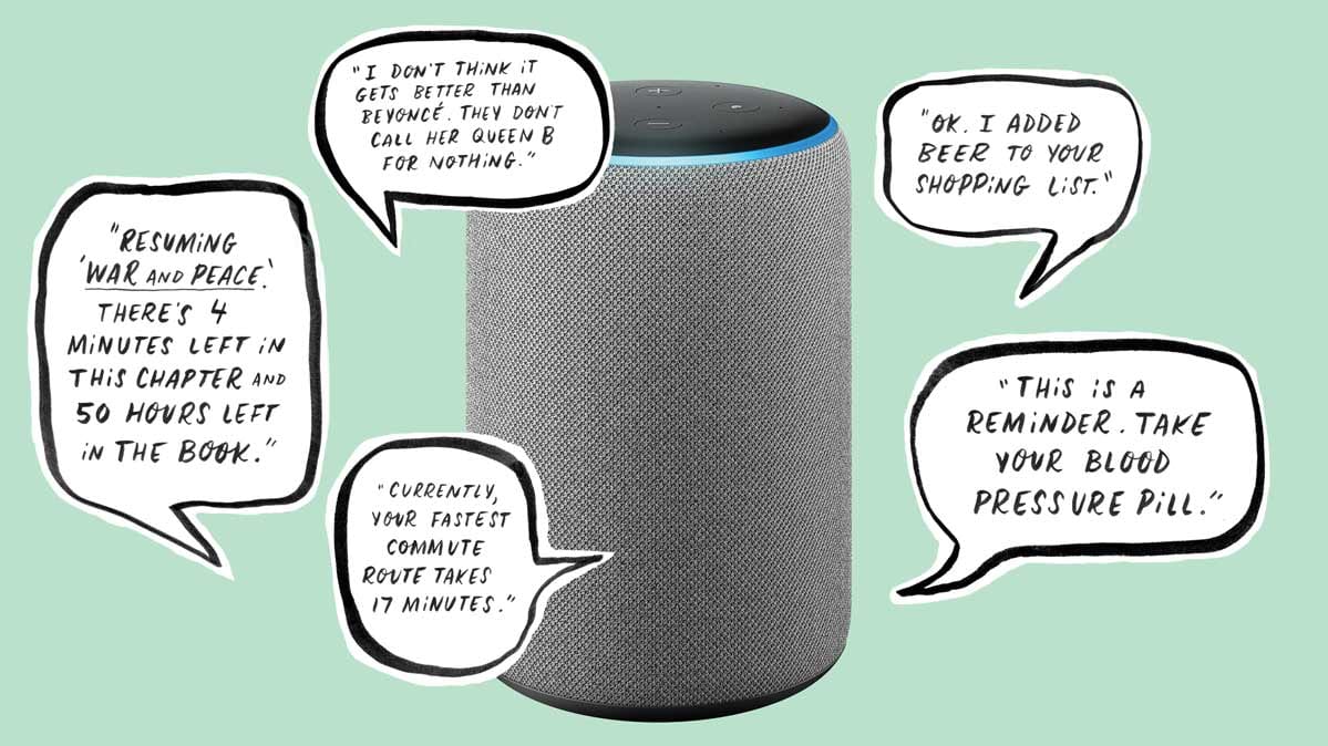 An illustration of a smart speaker talking with word bubbles