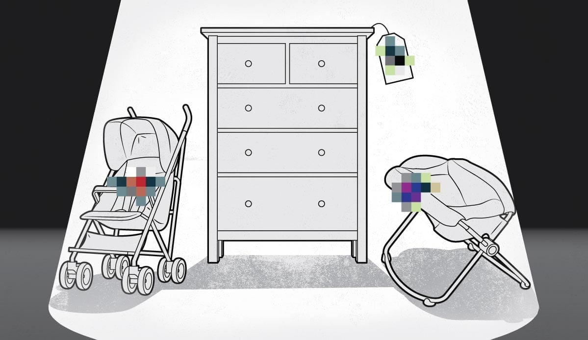 An illustration of consumer products, including furniture, bicycles, and strollers