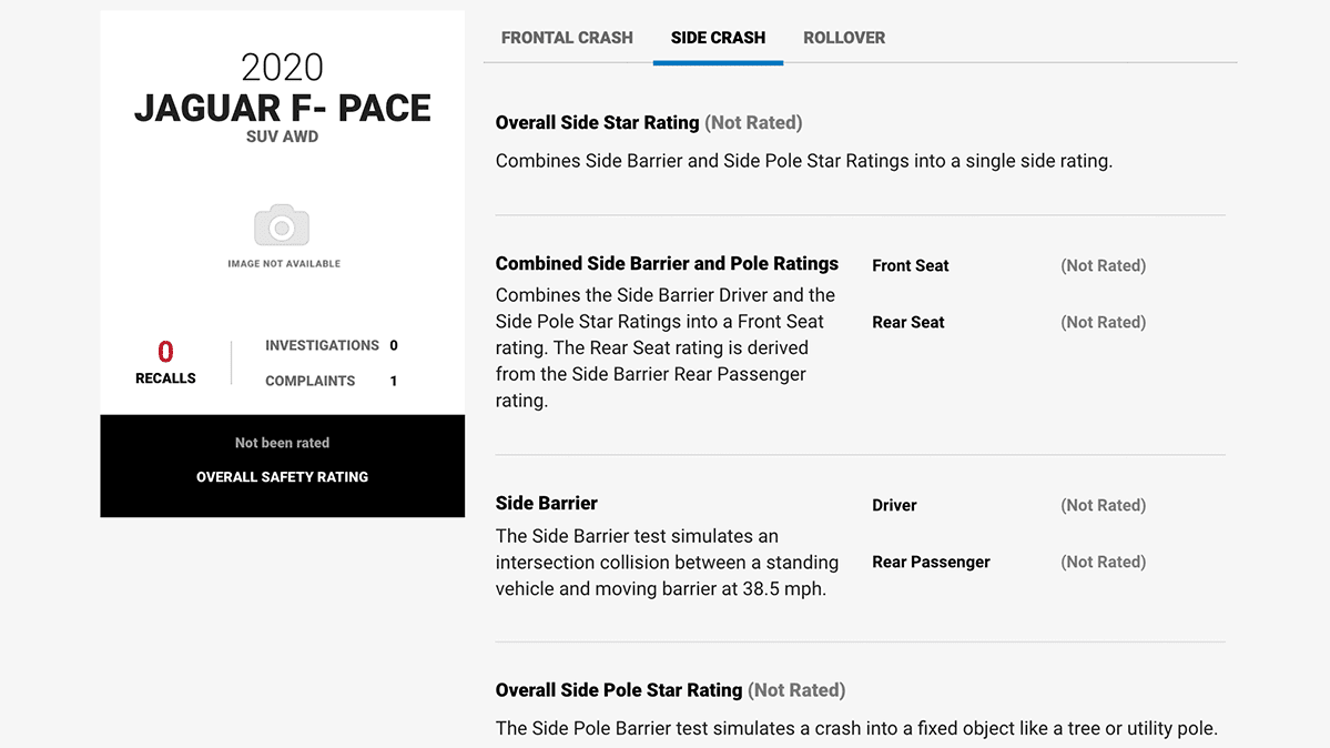 A screenshot of the NHTSA website showing no crash-test ratings for the Jaguar F-Pace