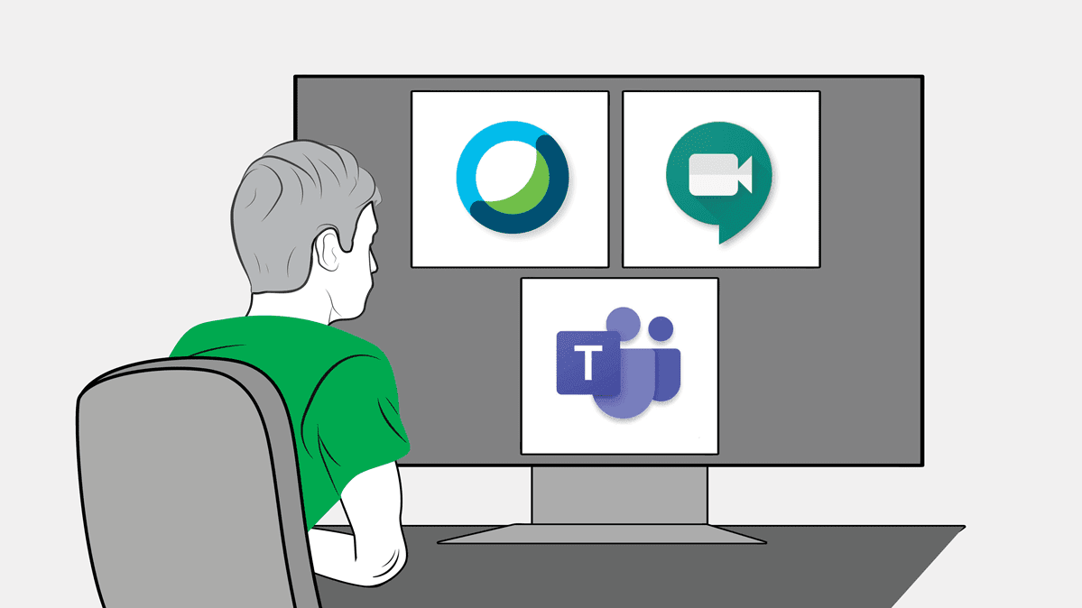 Illustration of a person in front of a computer monitor with the logos of videoconferencing services.