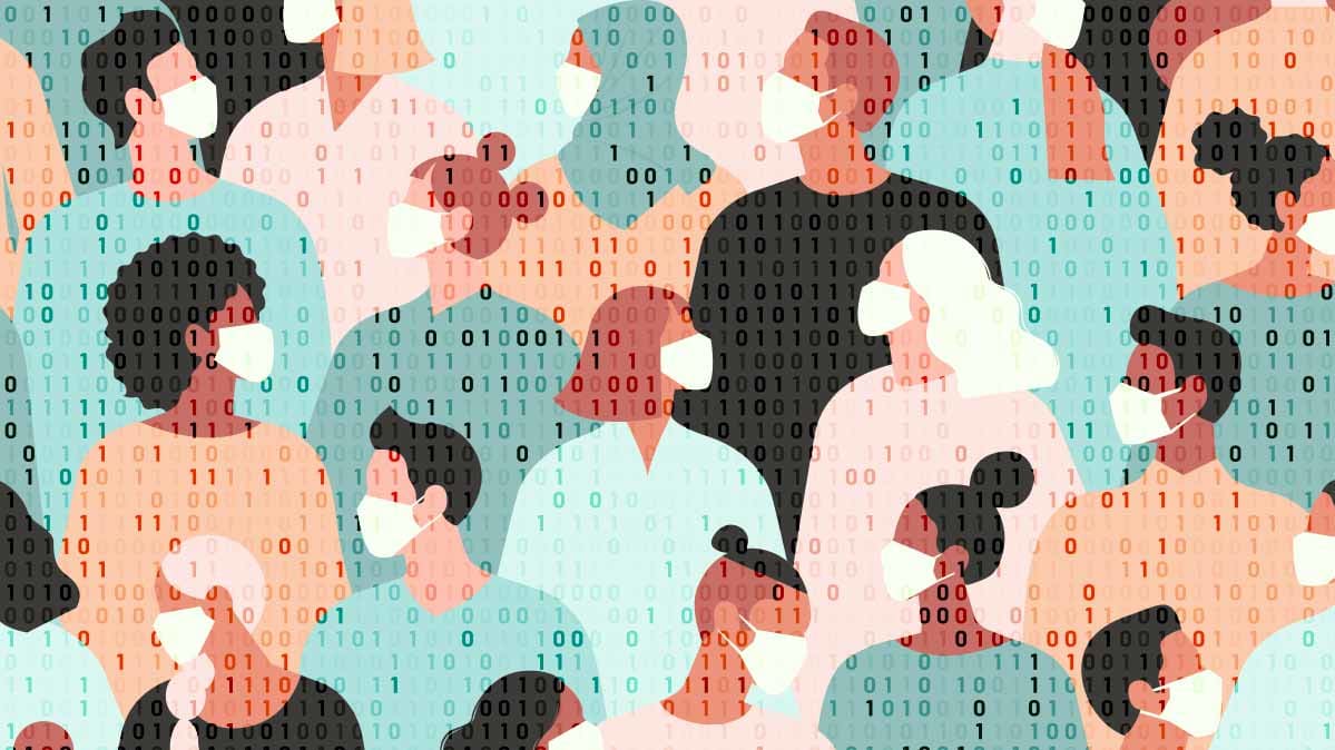 A digital illustration of a crowd of people wearing masks due to the coronavirus pandemic.