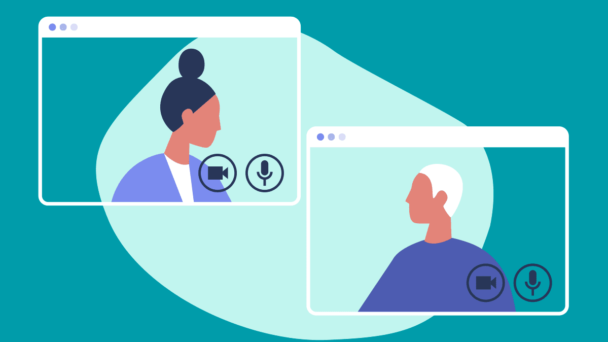 An illustration of two people using a videoconferencing service.
