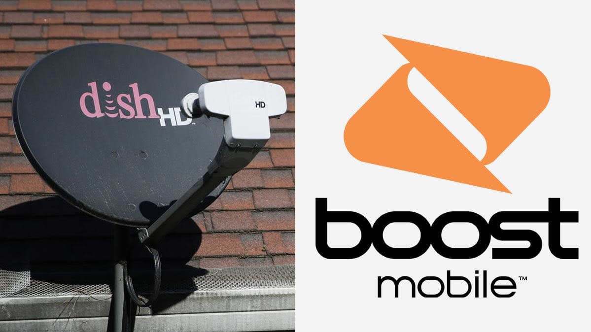 A Dish satellite dish and the Boost Mobile logo side by side.
