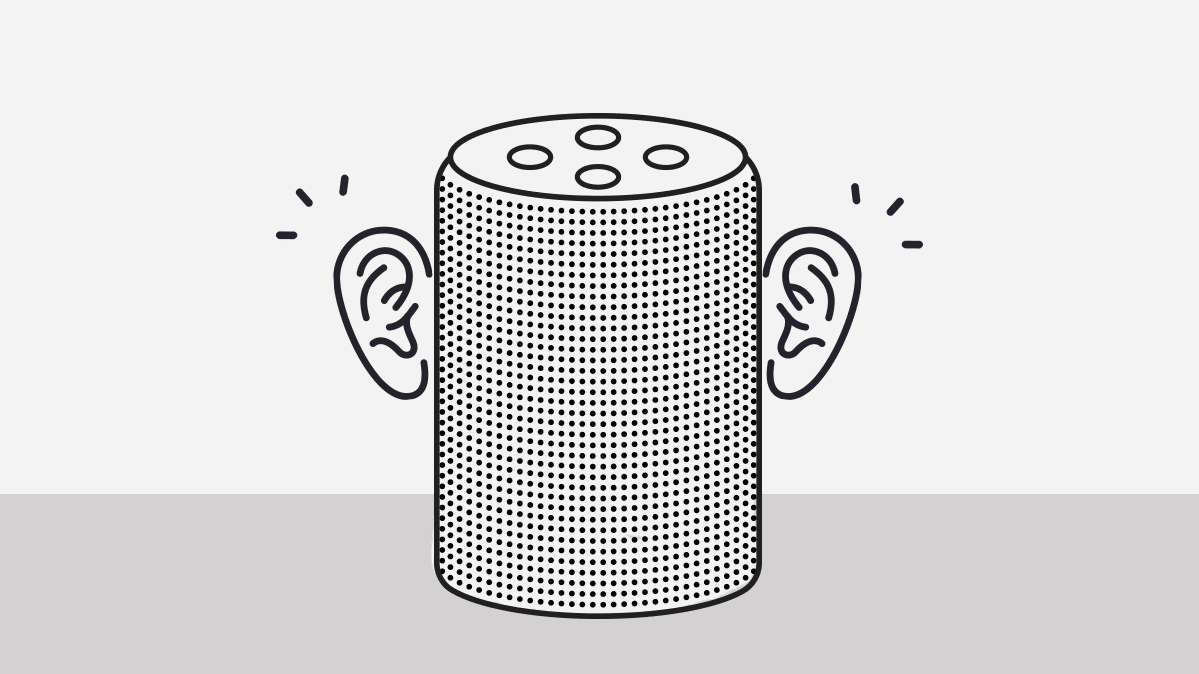 Illustration of a smart speaker with ears, listening