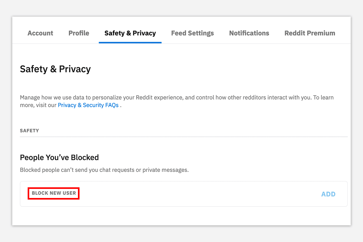 A screenshot of the tool to block users on Reddit
