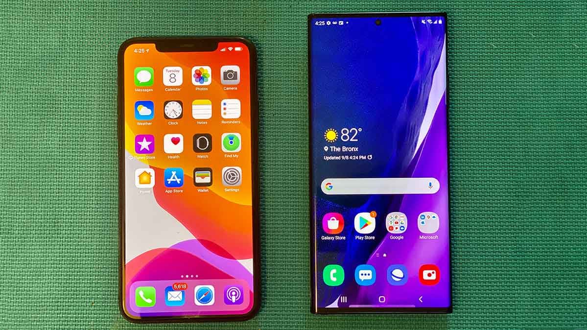 A comparison photo of the Apple iPhone 11 Pro Max and the Samsung Galaxy Note20 Ultra.