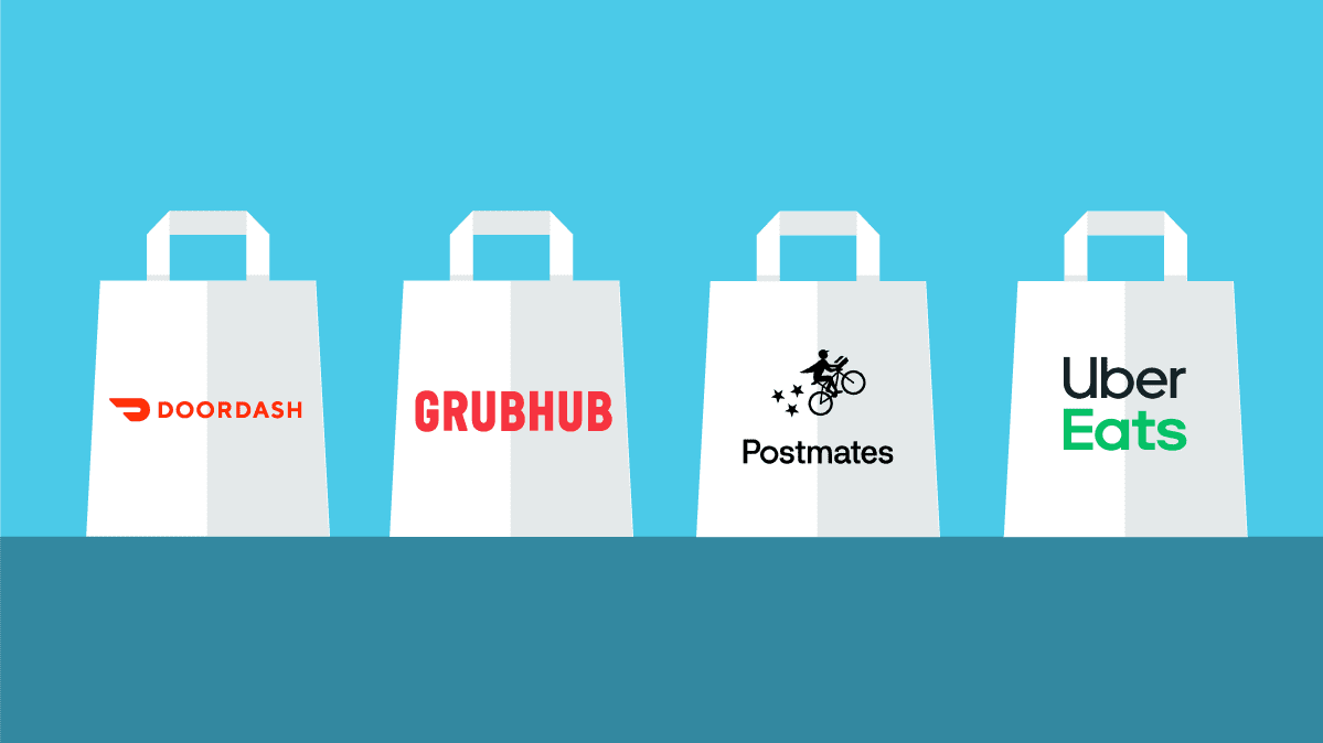 Illustration of four bags of takeout food from food delivery services DoorDash, Grubhub, Postmates, and Uber Eats.