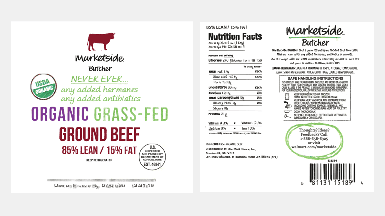 Label from recalled ground beef, Marketside Butcher