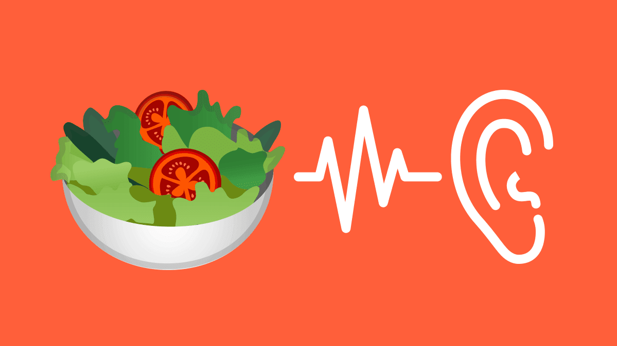 Illustration of a bowl of salad and a human ear, with a sound wave between them