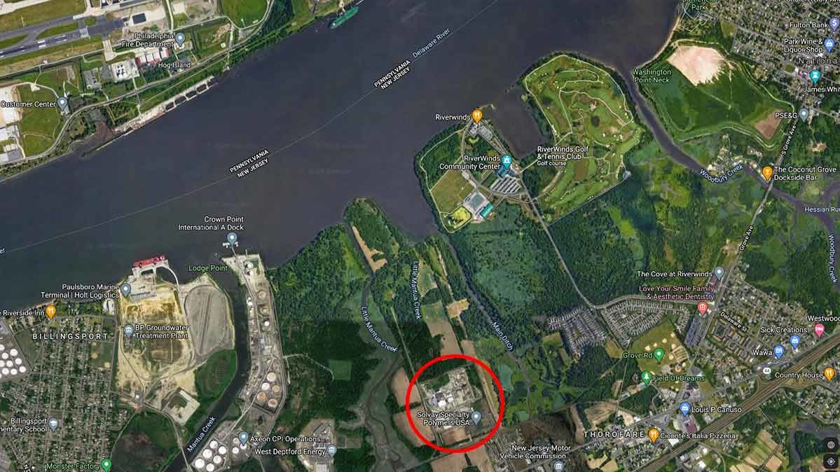 A Google Maps image showing the location of the Solvay chemical plant near the Delaware River in New Jersey. 