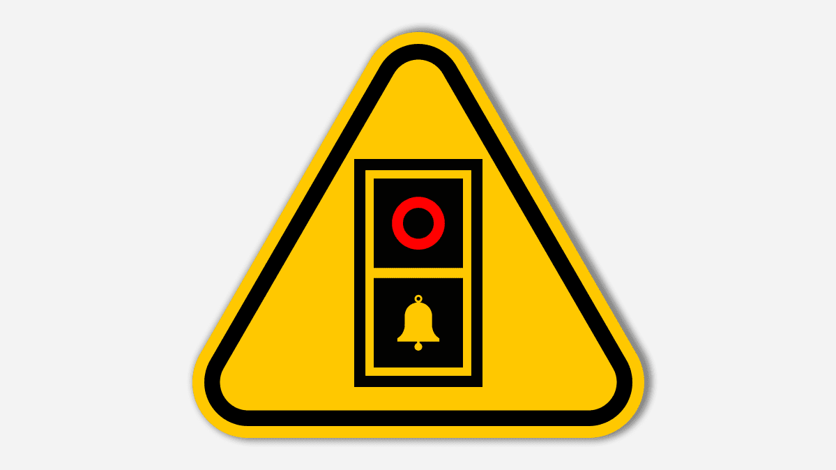 An illustration of a yellow triangular caution sign with a video doorbell inside