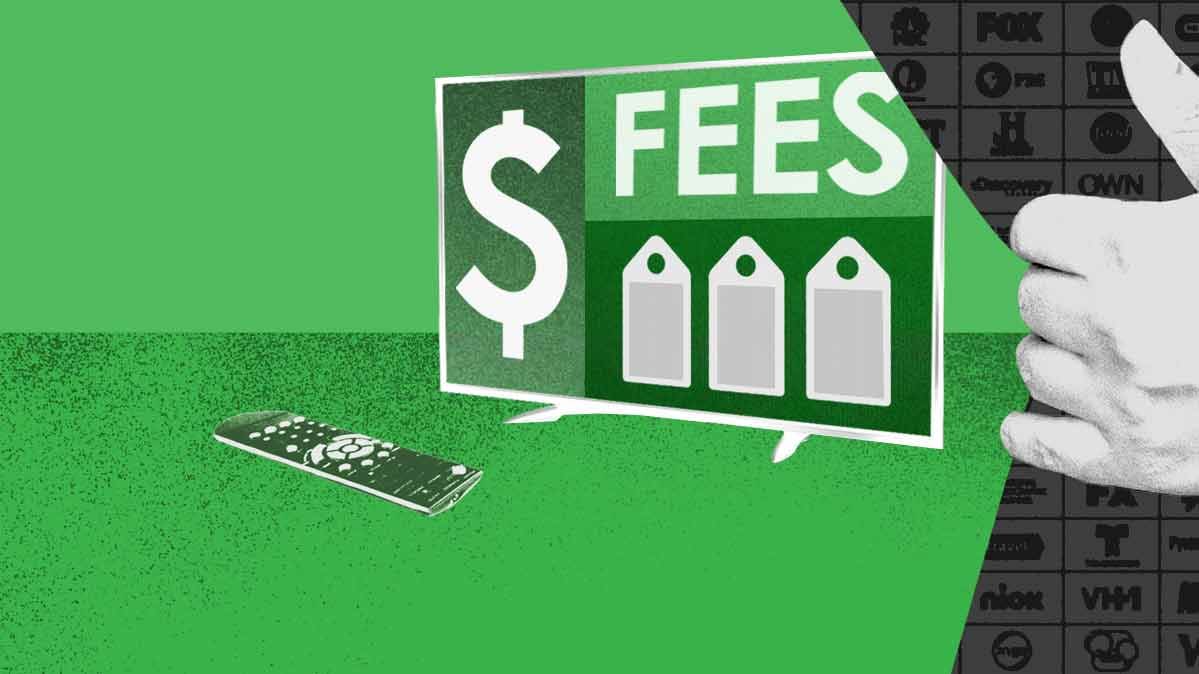 An illustration of fees and money on a TV screen. 