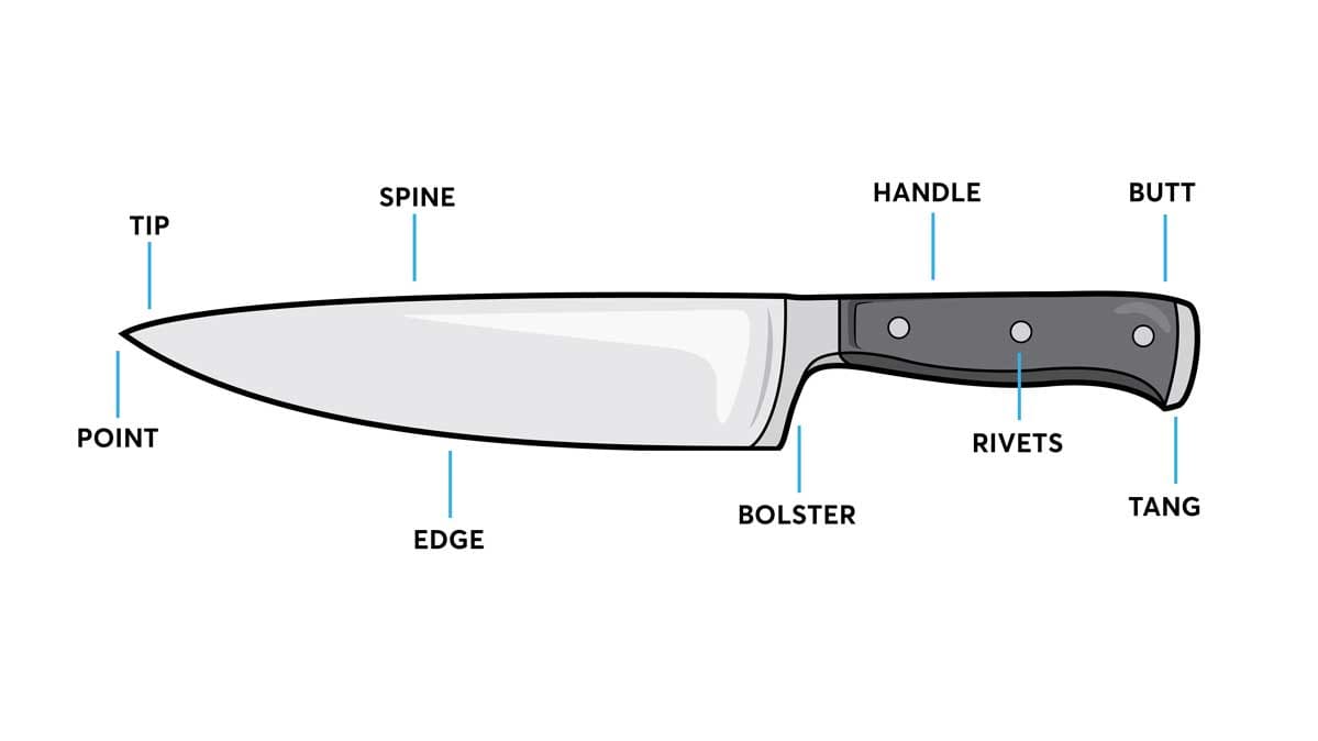 The parts of a chef's knife.