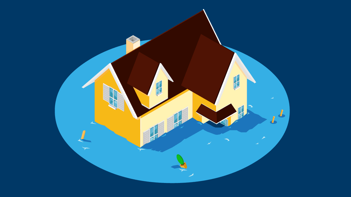 Illustration of a house surrounded by water during flooding