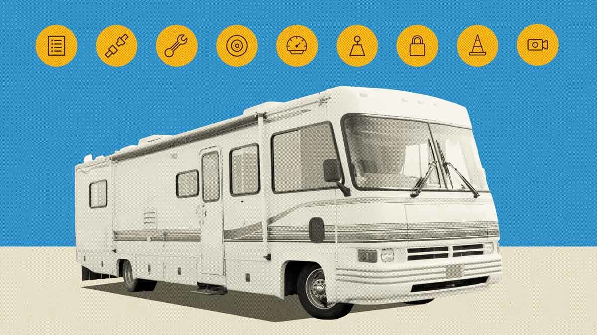 A motorhome pictured with icons related to safer RV travel.
