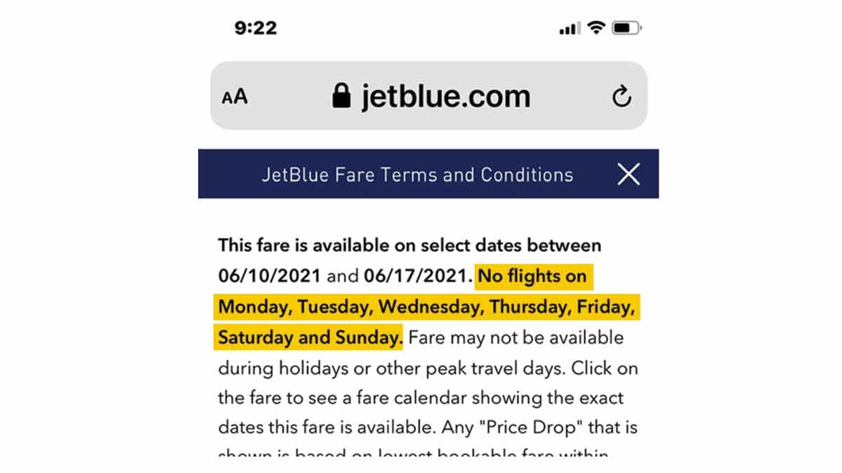 Screenshot of JetBlue restrictions listing every day of the week.