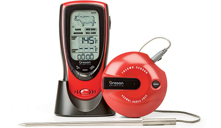 A photo of the Oregon Scientific Wireless BBQ/Oven meat thermometer, a Consumer Reports holiday gift idea for the family chef on your holiday shopping list.