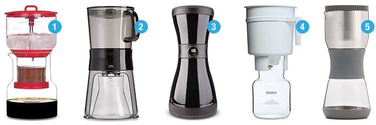 Five different cold-brew coffee maker models