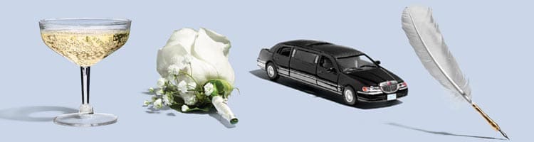 Image of a Champagne glass, a rose, a limo and a quill for a cheap wedding