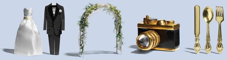 Image of items associated with a wedding: bride and groom attire, arch with flowers, a camera and silverware.