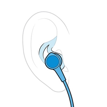 A person's ear with in-ear headphones on.
