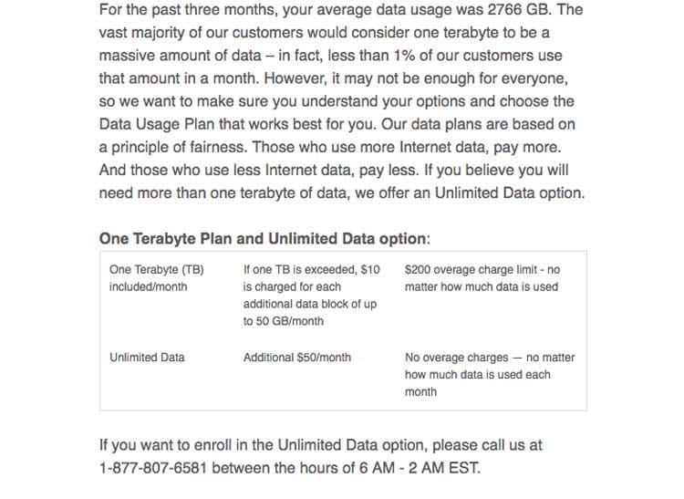 An example of a Comcast letter to a customer who goes beyond the monthly 1-terabyte data cap limit of its broadband Internet service.