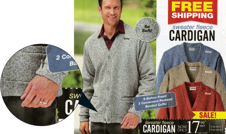 An ad with a man in a sweater, but a close-up of the man's hand shows he has six fingers, the result of bad digital image editing work.