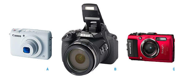Three cameras: A basic point-and-shoot, a superzoom point-and-shoot, and a waterproof point-and-shoot. 