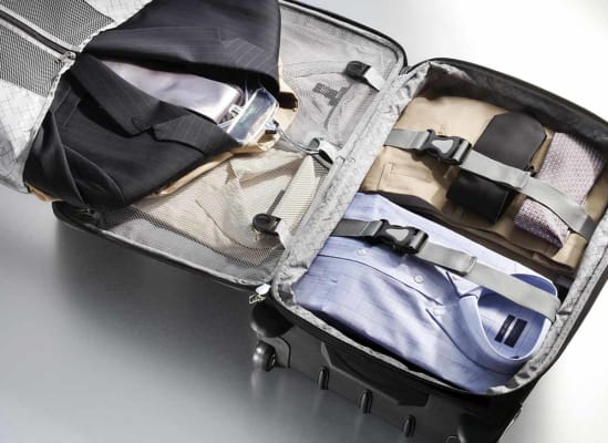 A suitcase with compartments.