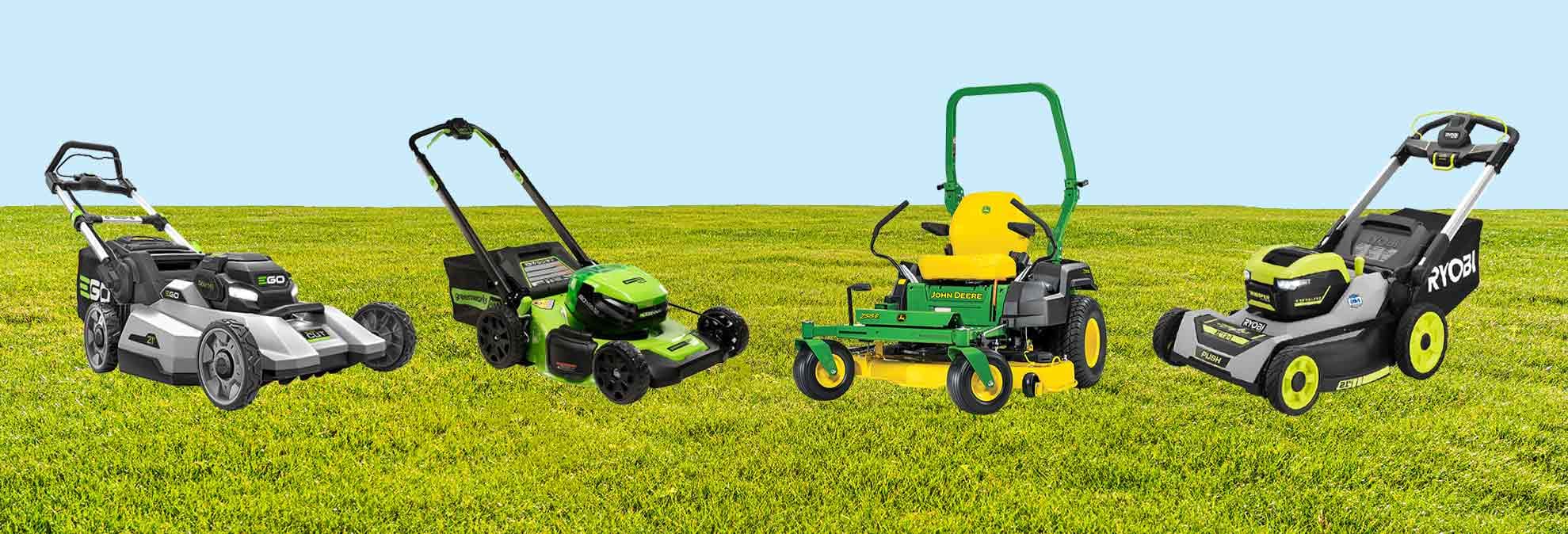 Ego, Greenworks, John Deere, and Ryobi lawn mowers on grass and sky background