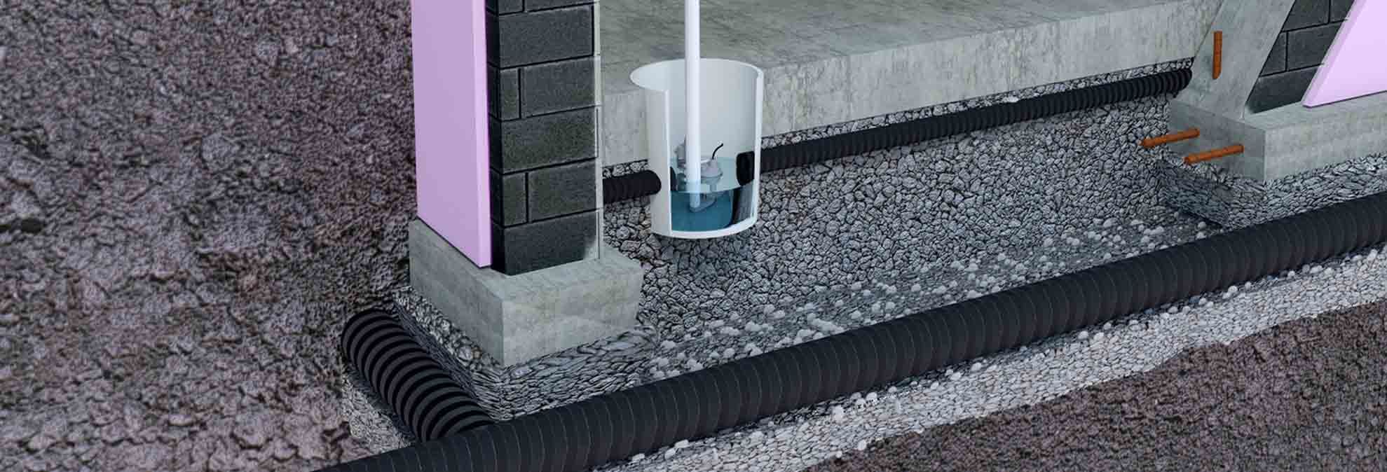 3-D illustration of a residential home construction showing a sump pump system