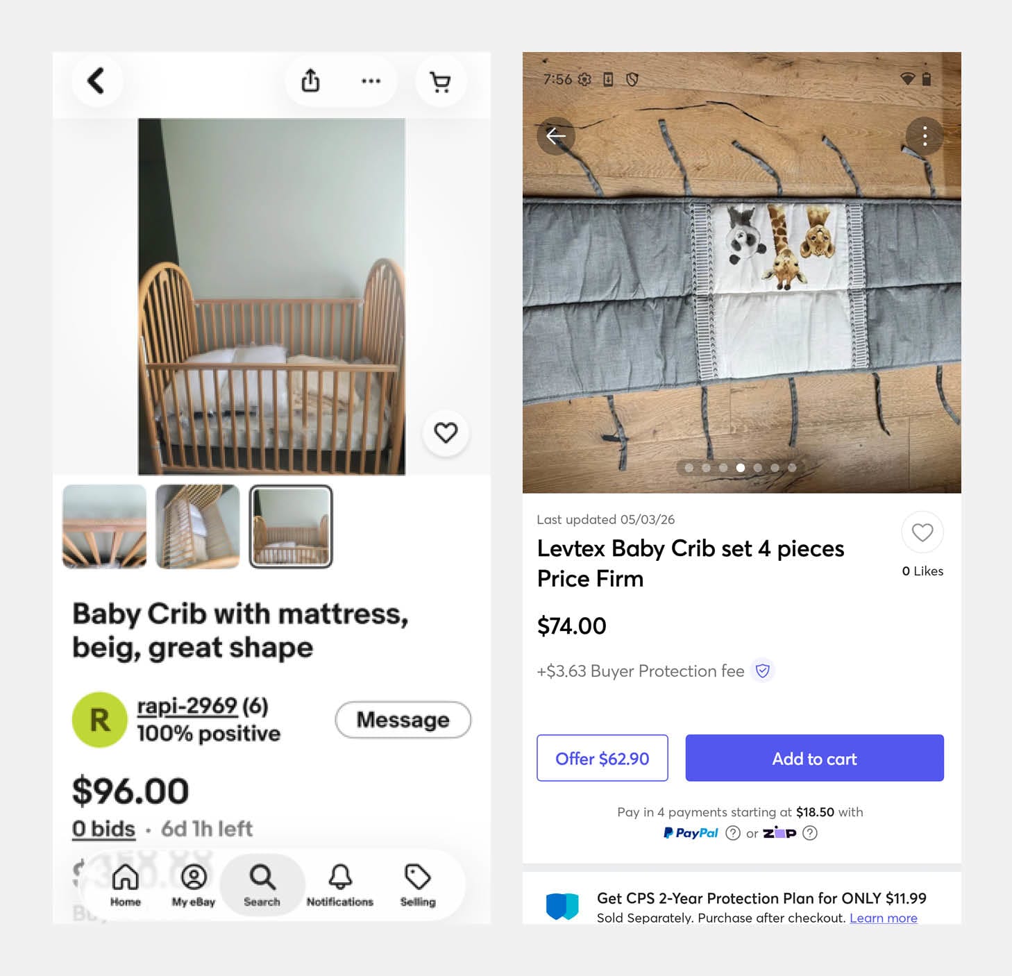 Side-by-side screenshots display two online marketplace listings for crib accessories and furniture. The left listing shows a wood dropside crib with a mattress for $96.00, while the right listing features a gray 4-piece Levtex Baby crib bumper pad set with a safari animal design for $74.00.