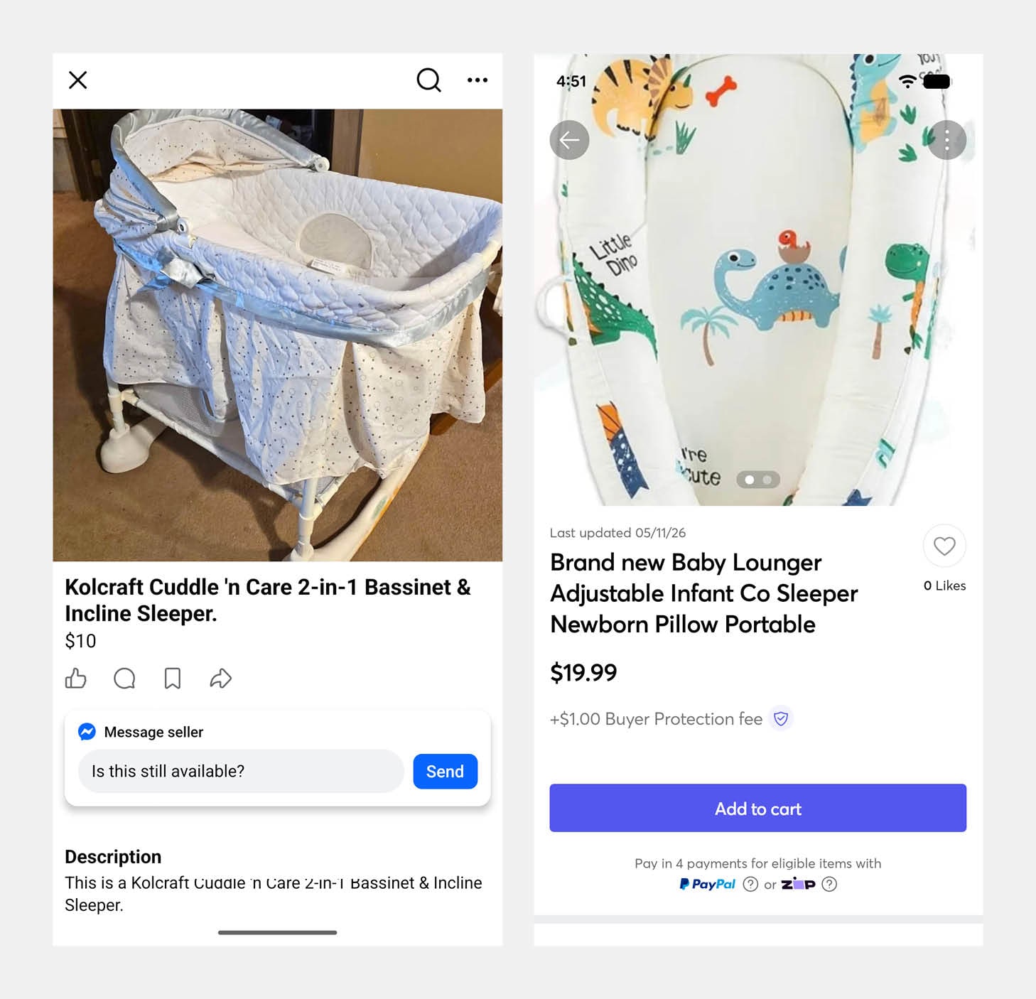 Side-by-side screenshots show two online marketplace listings for infant gear. The left listing features a white and blue Kolcraft 2-in-1 inclined sleeper for $10, while the right listing displays a dinosaur-patterned portable baby lounger for $19.99.