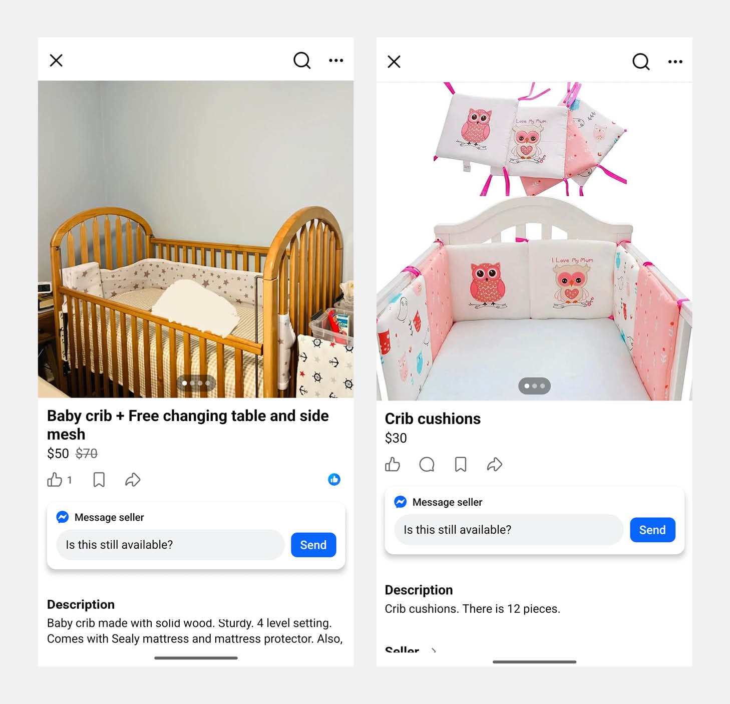 Side-by-side screenshots of online marketplace listings for used baby items. The left listing shows a wooden dropside baby crib with a mattress for $50, and the right listing displays a set of pink owl-patterned crib cushions for $30.
