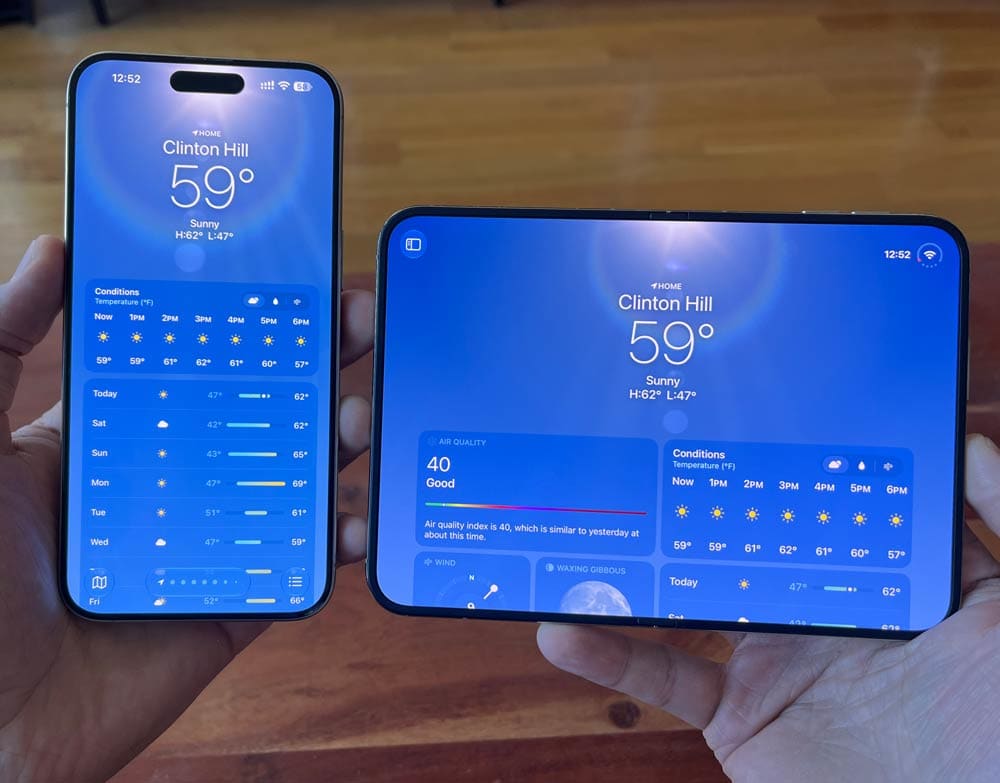 iPhone and iPhone Duo (opened, horizontally) side by side.