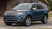 blue 2019 Ford Explorer Limited Luxury Edition on gravel driveway in front of barn