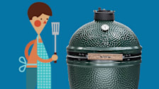 Illustration of man with apron and spatula next to photo of the big green egg.