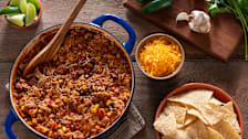 Chili seen from above in a Dutch oven pot.