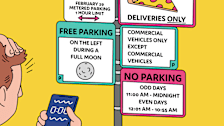Person holding their cell phone confused while reading contradictory and nonsensical parking signs.
